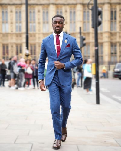 Navy blue store suit red dress